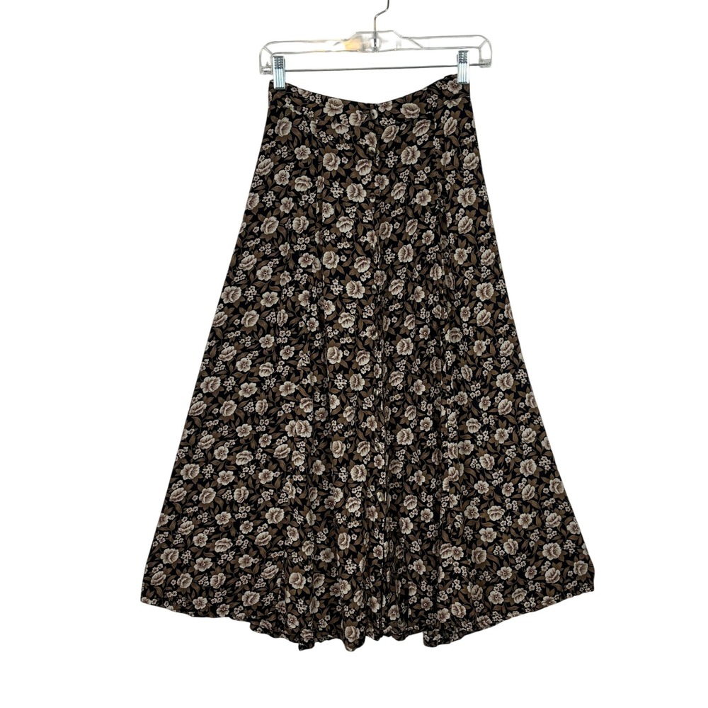 90s Vintage Floral Midi Skirt Women 10 Brown Button Front Cottagecore Boho